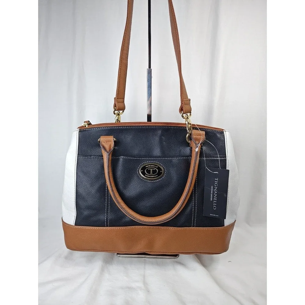Tignanello All Day Long Convertible Satchel Bag Black White NWT Leather Purse